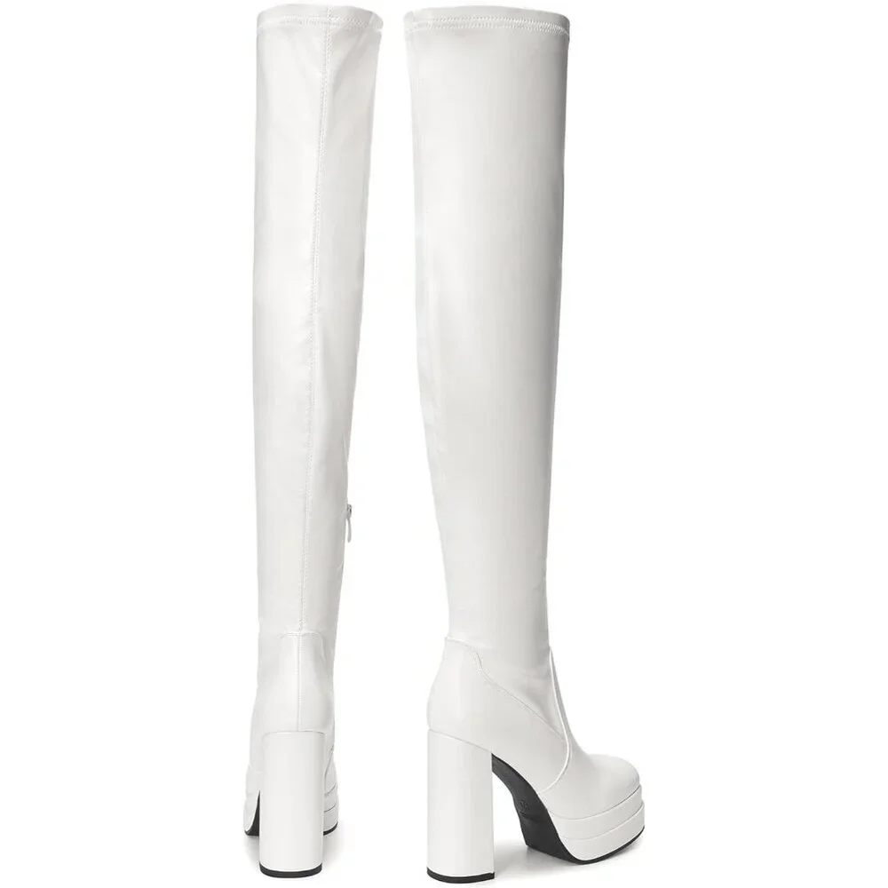 Women's White Polyurethane (PU) Square Toe Over The Knee Thigh High Long Boots